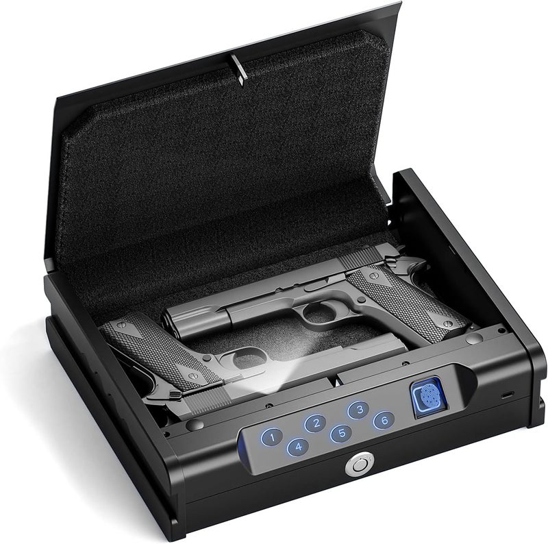Glimstone Gun Safe, Biometric Gun Safe for Pistols, Easy Edition, 3 Ways Quick Access With Fingerprint/Digital Keypad/Key, Smart Handgun Safe for Home Bedside Nightstand Car - Image 1
